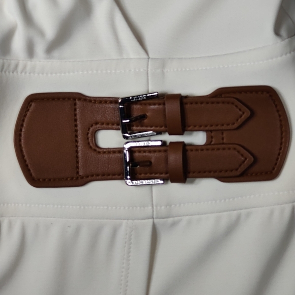 Polo Ralph Lauren Faux Wrap Crepe Midi Dress Cream Buckles Size 12 Black Label - Picture 7 of 12